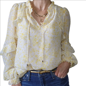 Blouse Pullover style Ruffle neckline Puff sleeves Yellow white gold RACHEL ZOE